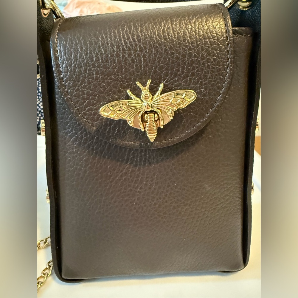 LIKE NEW Dark Brown Leather Crossbody Purse with Gold Colored Accents - Picture 2 of 7
